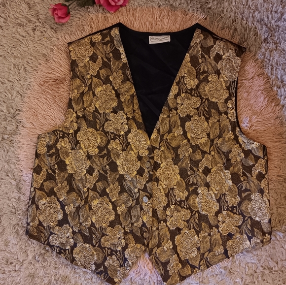 Vintage 90s Plus Size Erica Simone Gold And Black Floral Brocade Vest 2X - Picture 1 of 5